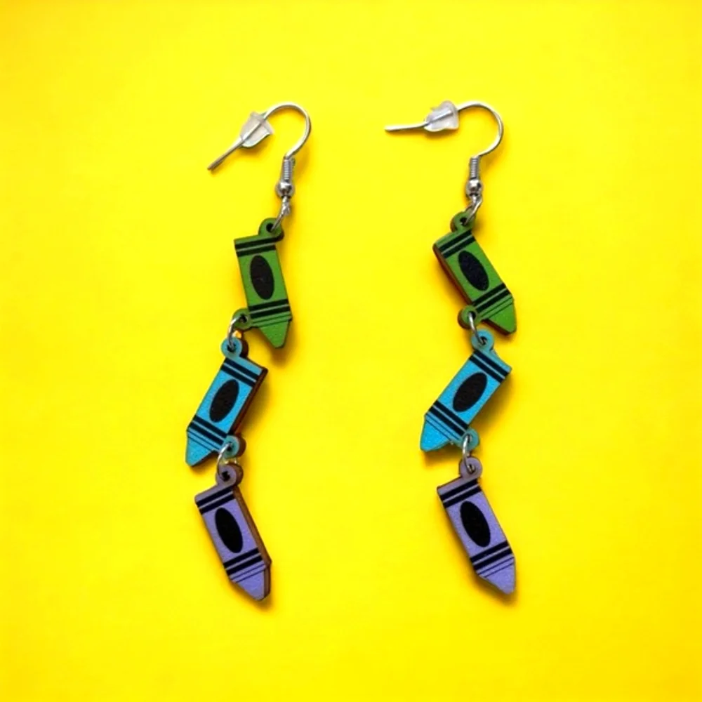 Cute Personality Pastel Colors Crayon Pendant Wooden Dangle Earrings Light Weigh